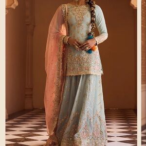 Lashkaraa Dusty Mint And Pink Embroidered Sharara